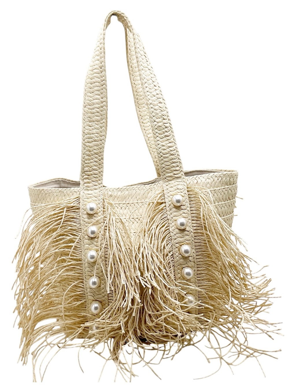🆕{BTB Los Angeles} JoJo Straw Pearl-Studded Fringe Tote Bag